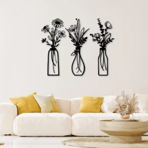 3-Piece Black Metal Flower Vase Wall Decor Set