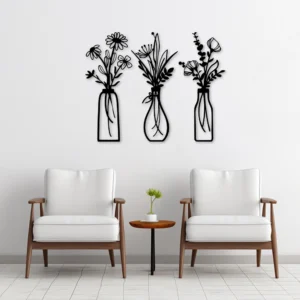 3-Piece Black Metal Flower Vase Wall Decor Set