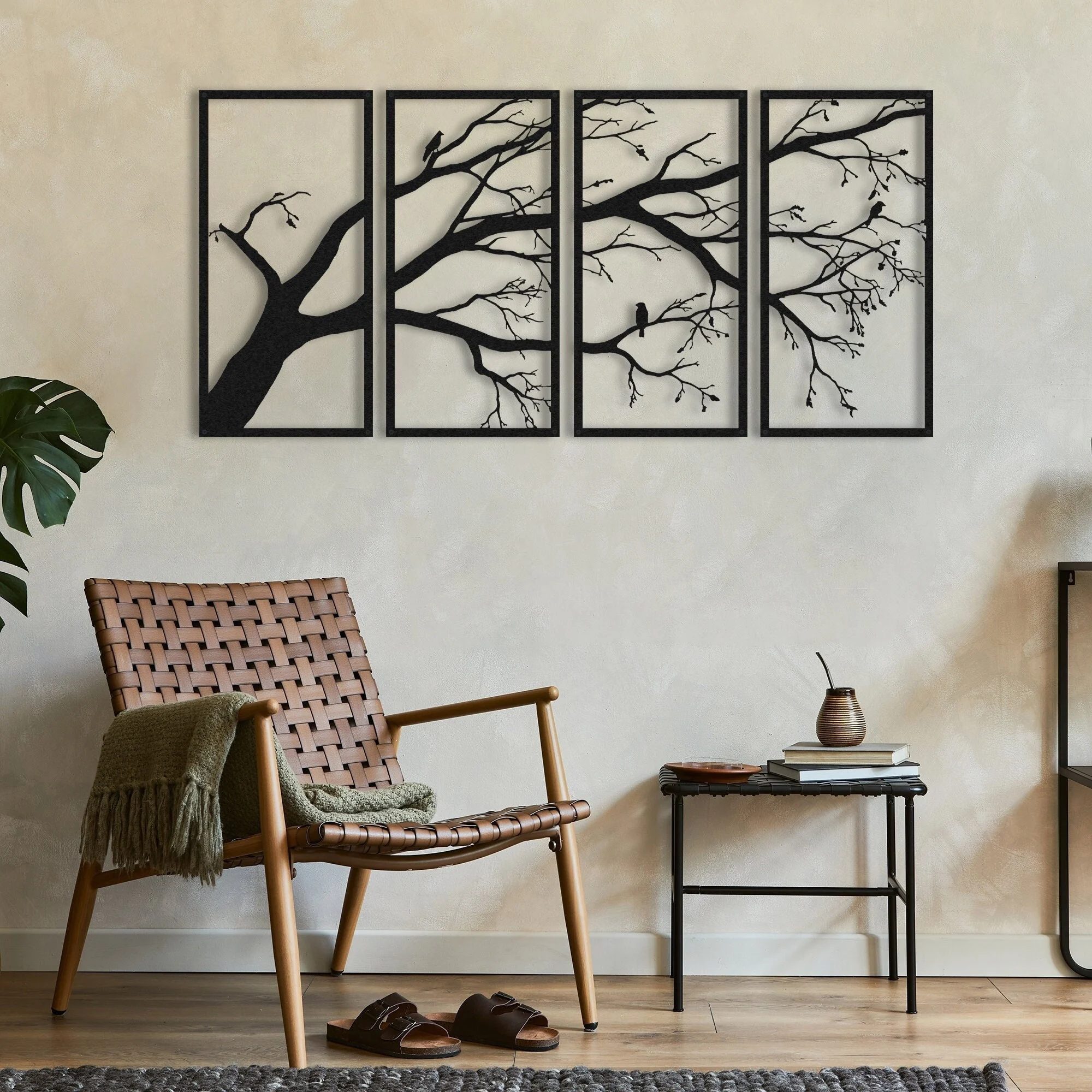 Abstract 4-Panel Black Metal Tree Art with Bird Silhouettes Decor Abstract 4-Panel Black Metal Tree Art with Bird Silhouettes Decor