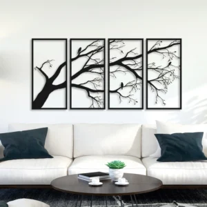 Abstract 4-Panel Black Metal Tree Art with Bird Silhouettes Decor