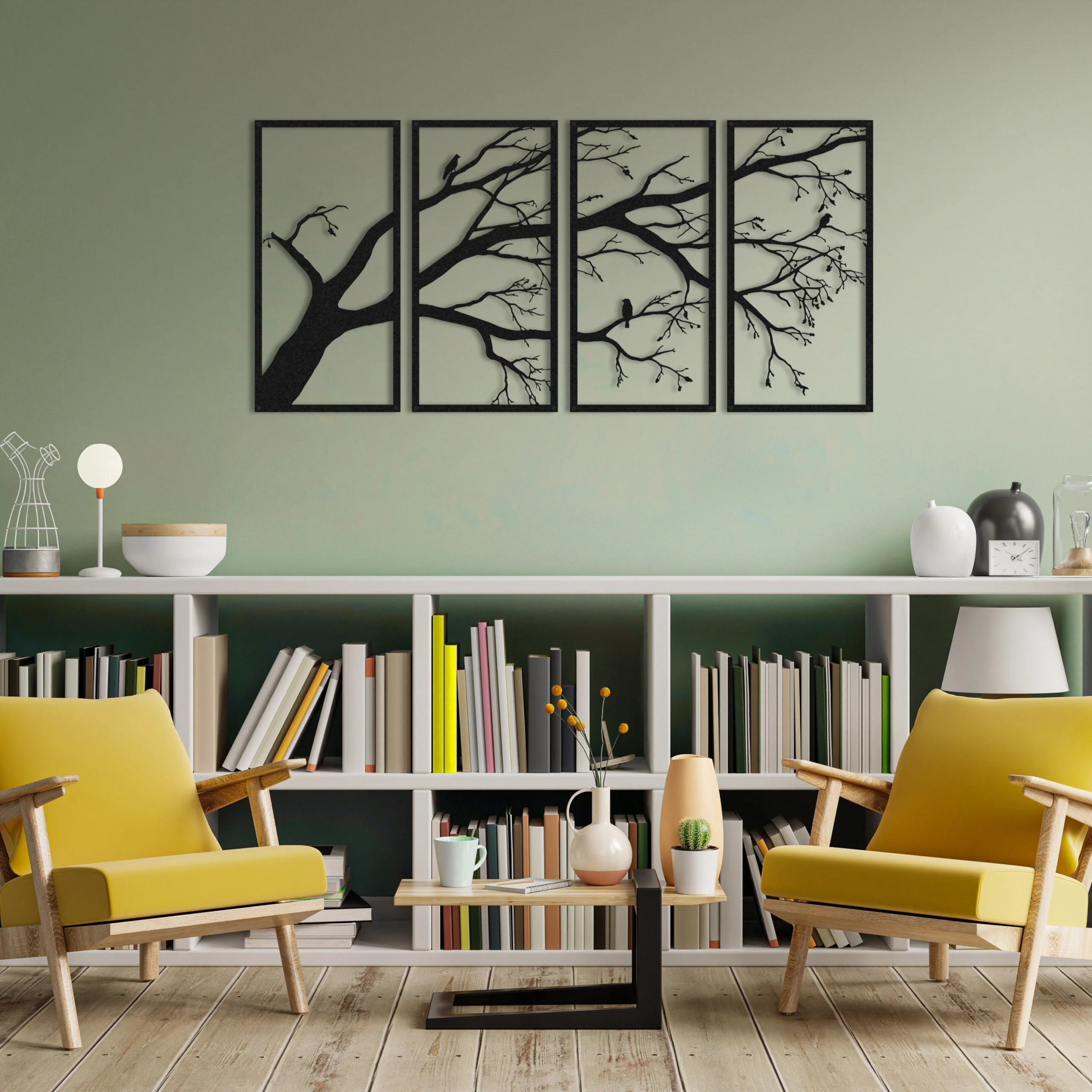 Abstract 4-Panel Black Metal Tree Art with Bird Silhouettes Decor Abstract 4-Panel Black Metal Tree Art with Bird Silhouettes Decor