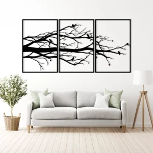 Black Bird on Tree Metal Art 3-Panel Living Room Decor