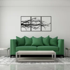 Black Bird on Tree Metal Art 3-Panel Living Room Decor