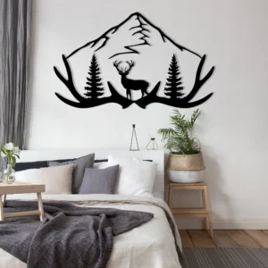 Black Metal Deer Head Antler Mountain Forest Wall Decor