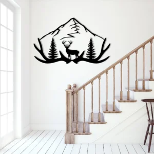Black Metal Deer Head Antler Mountain Forest Wall Decor