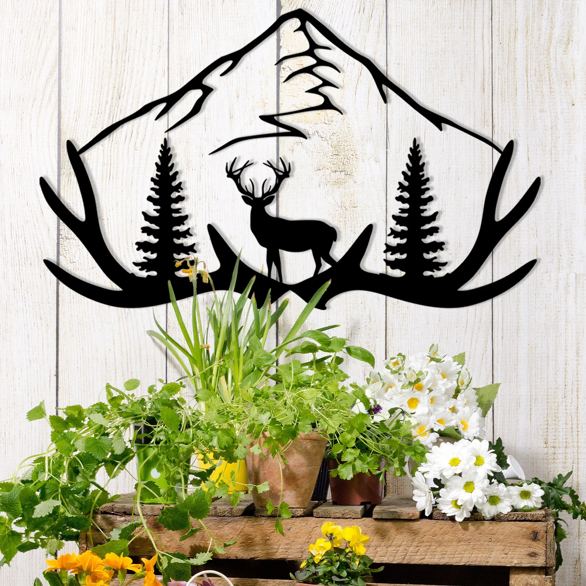 Black Metal Deer Head Antler Mountain Forest Wall Decor Black Metal Deer Head Antler Mountain Forest Wall Decor