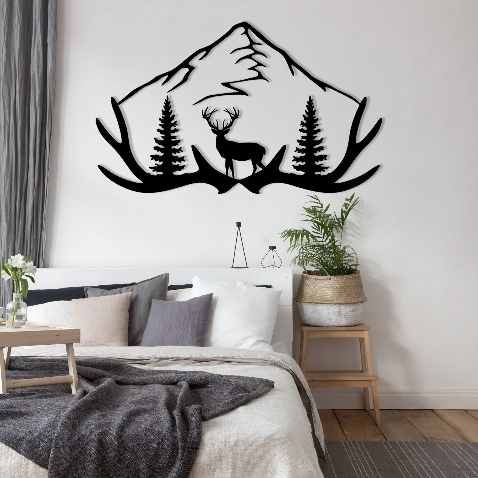 Black Metal Deer Head Antler Mountain Forest Wall Decor Black Metal Deer Head Antler Mountain Forest Wall Decor