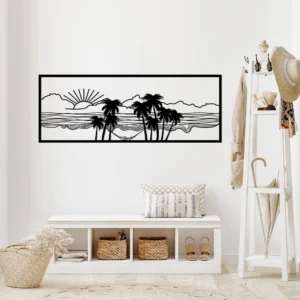 Black Metal Palm Tree Beach Sunrise Wall Decor Panel