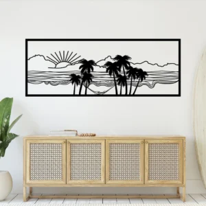 Black Metal Palm Tree Beach Sunrise Wall Decor Panel