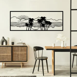 Black Metal Palm Tree Beach Sunrise Wall Decor Panel