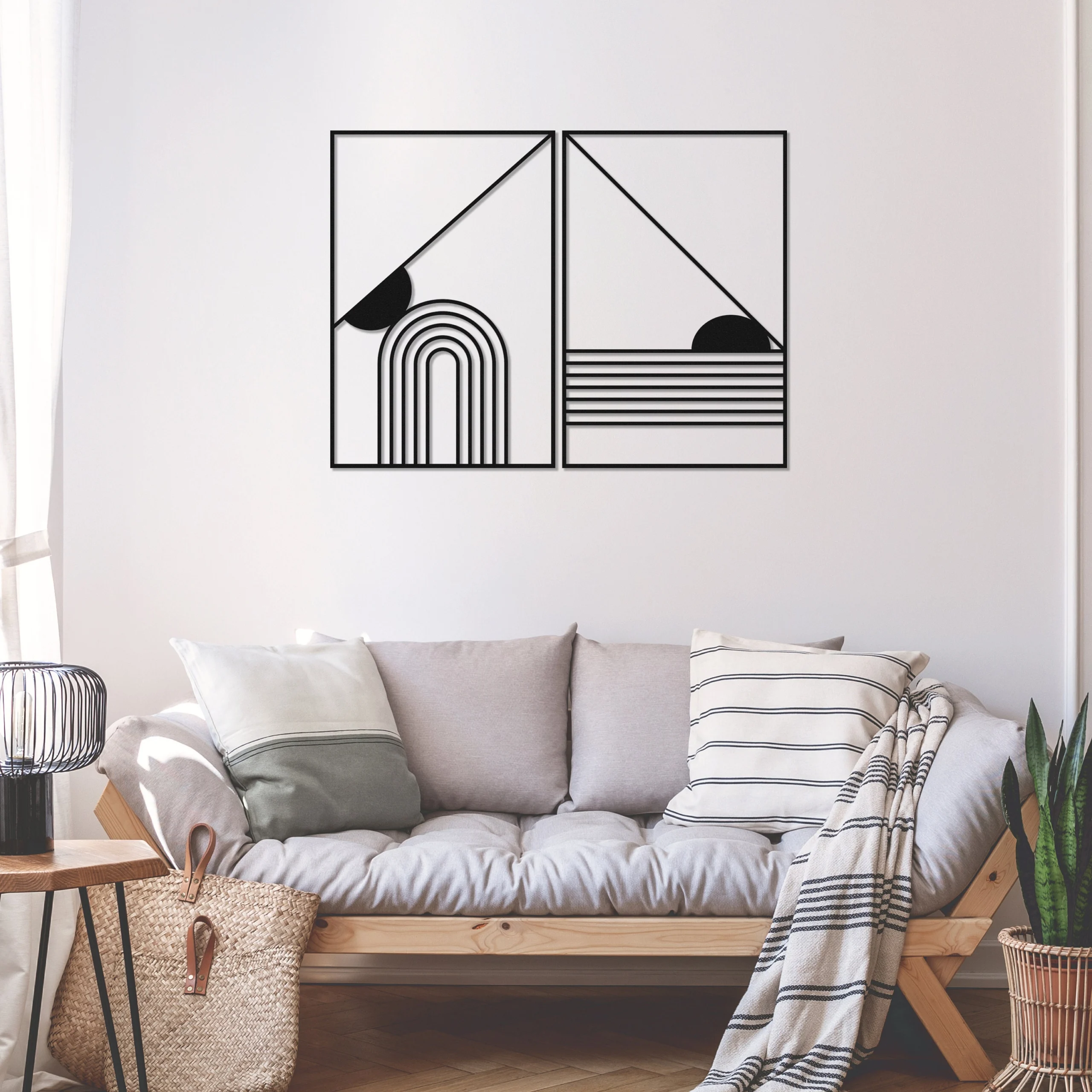 Minimalist Black Geometric Sunrise Metal Wall Art 2-Panel Set Minimalist Black Geometric Sunrise Metal Wall Art 2-Panel Set