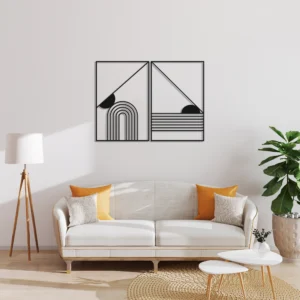 Minimalist Black Geometric Sunrise Metal Wall Art 2-Panel Set