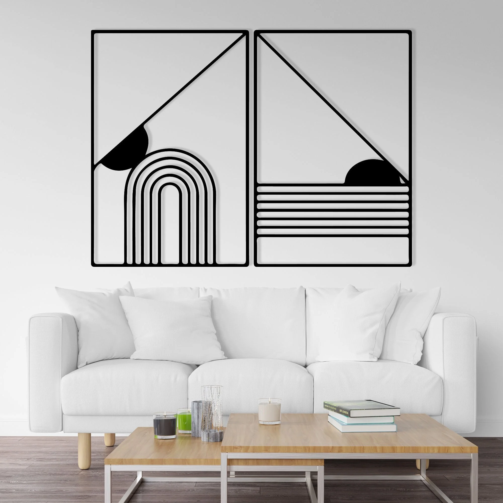 Minimalist Black Geometric Sunrise Metal Wall Art 2-Panel Set Minimalist Black Geometric Sunrise Metal Wall Art 2-Panel Set