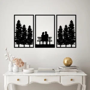 Romantic Couple Silhouette Metal Wall Art Pine Forest 3-Panel