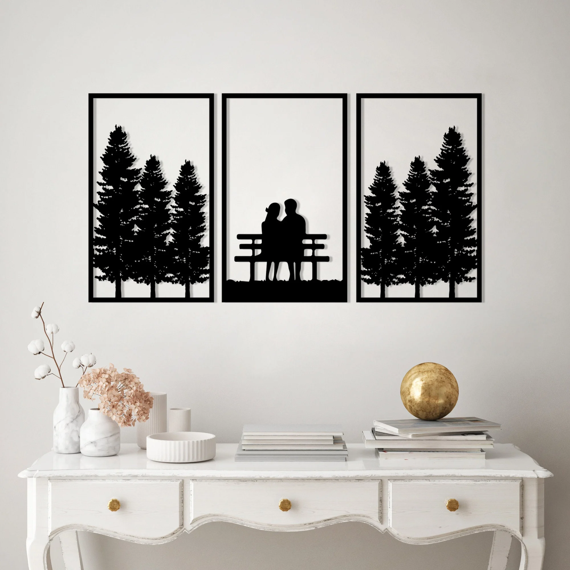 Romantic Couple Silhouette Metal Wall Art Pine Forest 3-Panel Romantic Couple Silhouette Metal Wall Art Pine Forest 3-Panel