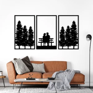 Romantic Couple Silhouette Metal Wall Art Pine Forest 3-Panel