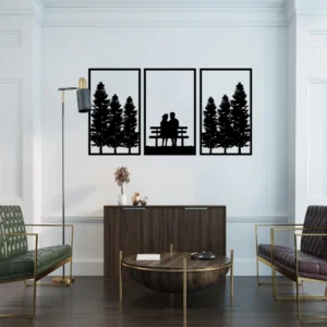 Romantic Couple Silhouette Metal Wall Art Pine Forest 3-Panel