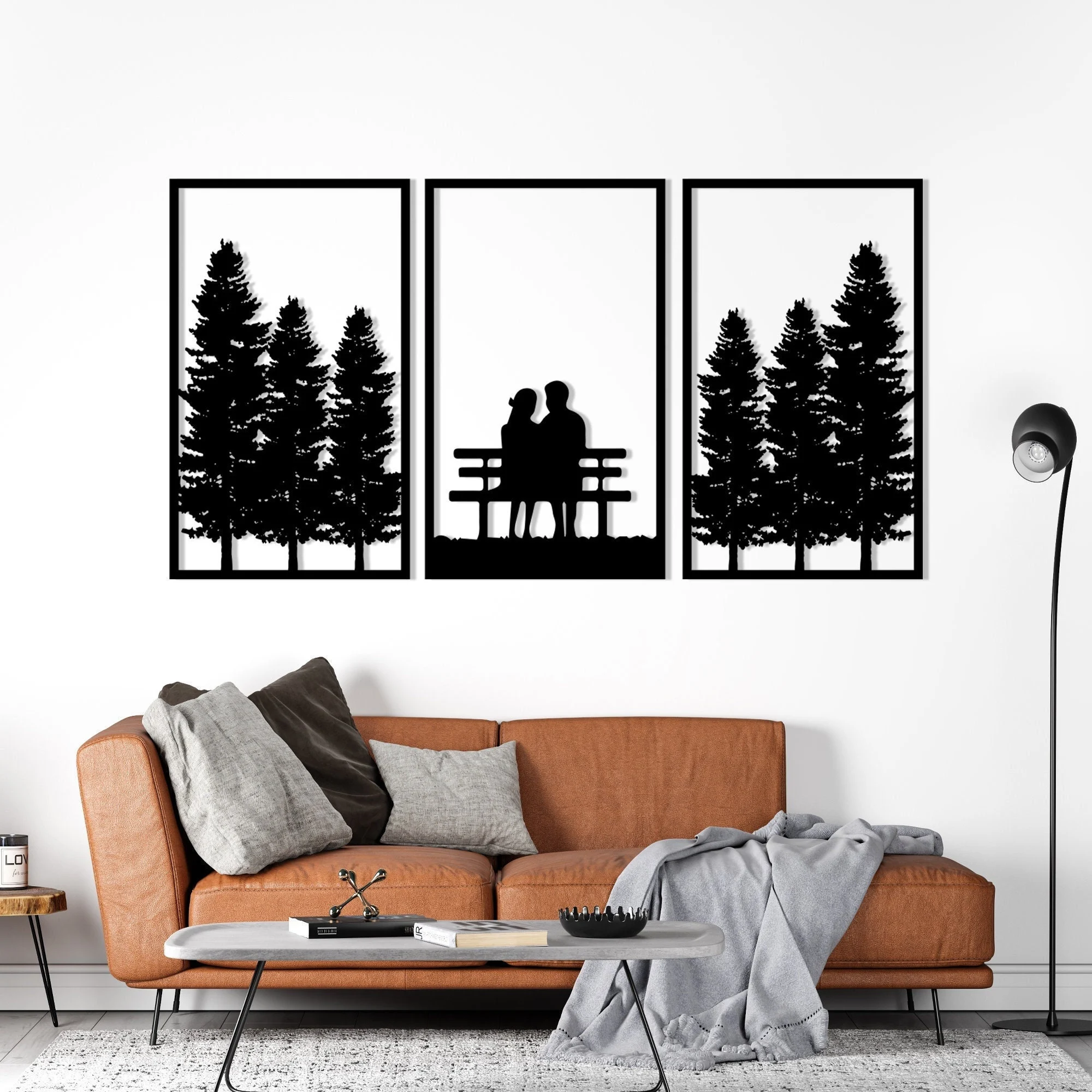 Romantic Couple Silhouette Metal Wall Art Pine Forest 3-Panel Romantic Couple Silhouette Metal Wall Art Pine Forest 3-Panel